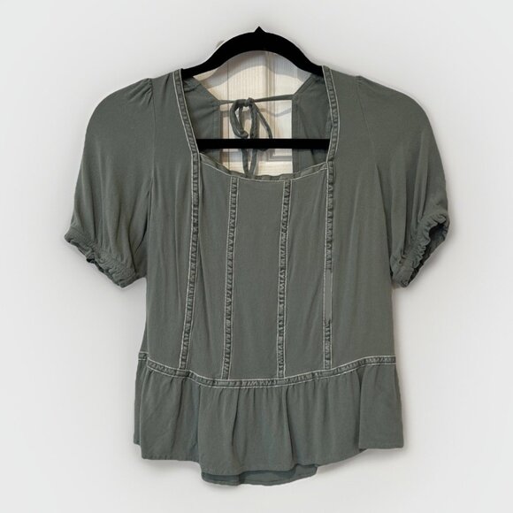 SO Green Square Neck Puff Sleeve Peplum Tie Back Top Women's XS - Picture 1 of 8